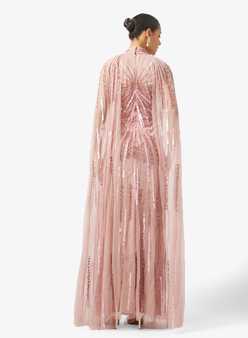 Namshi x Bead Embellished Evening Gown with Cape Sleeves